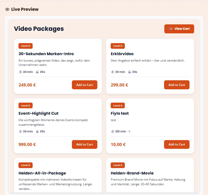 Live preview of the embedded product widget: Video Helden packages such as a 30-second brand intro, an explainer video and an event highlight cut, each with a price and Add to Cart button