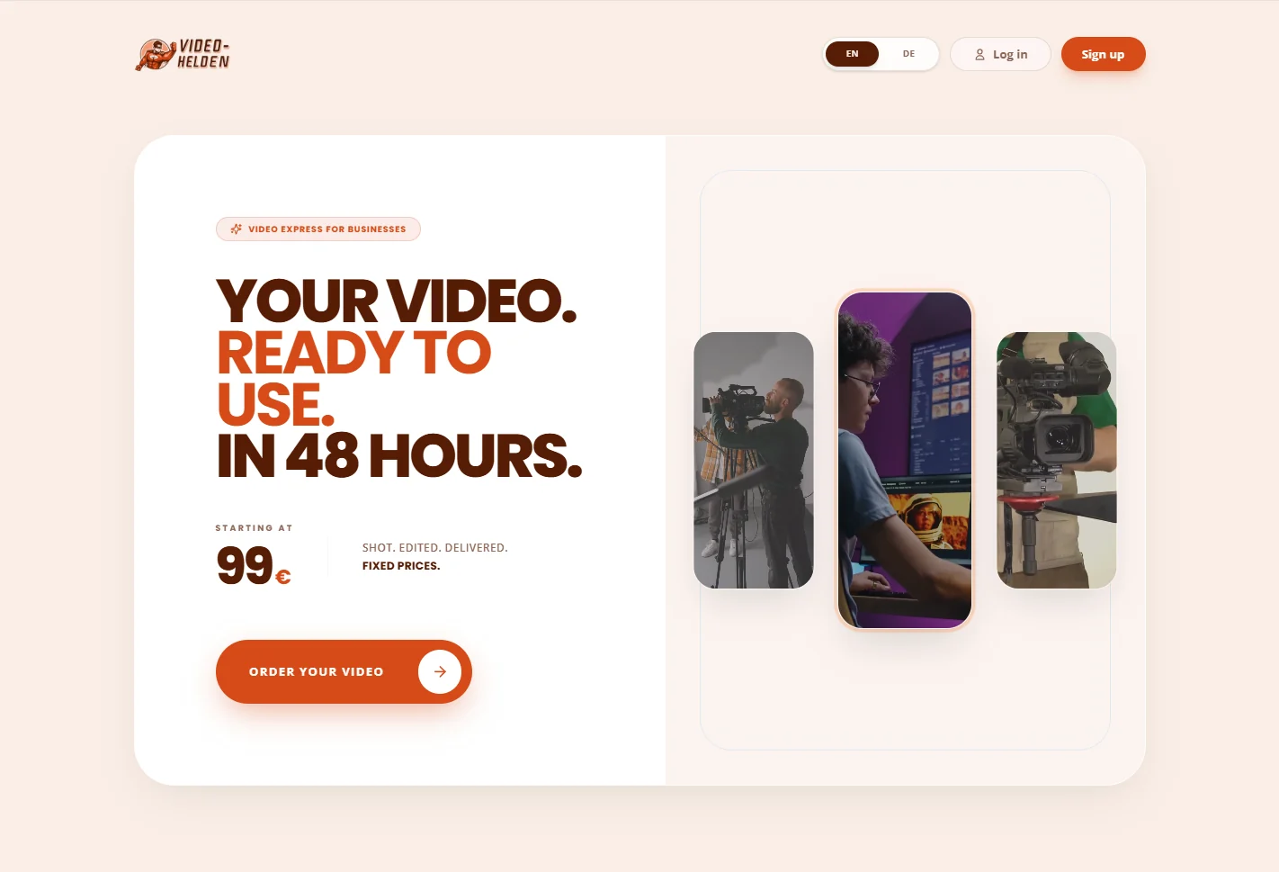 Video Helden home page: “Your video. Ready to use. In 48 hours.”, a starting price, an Order your video button and three vertical video previews