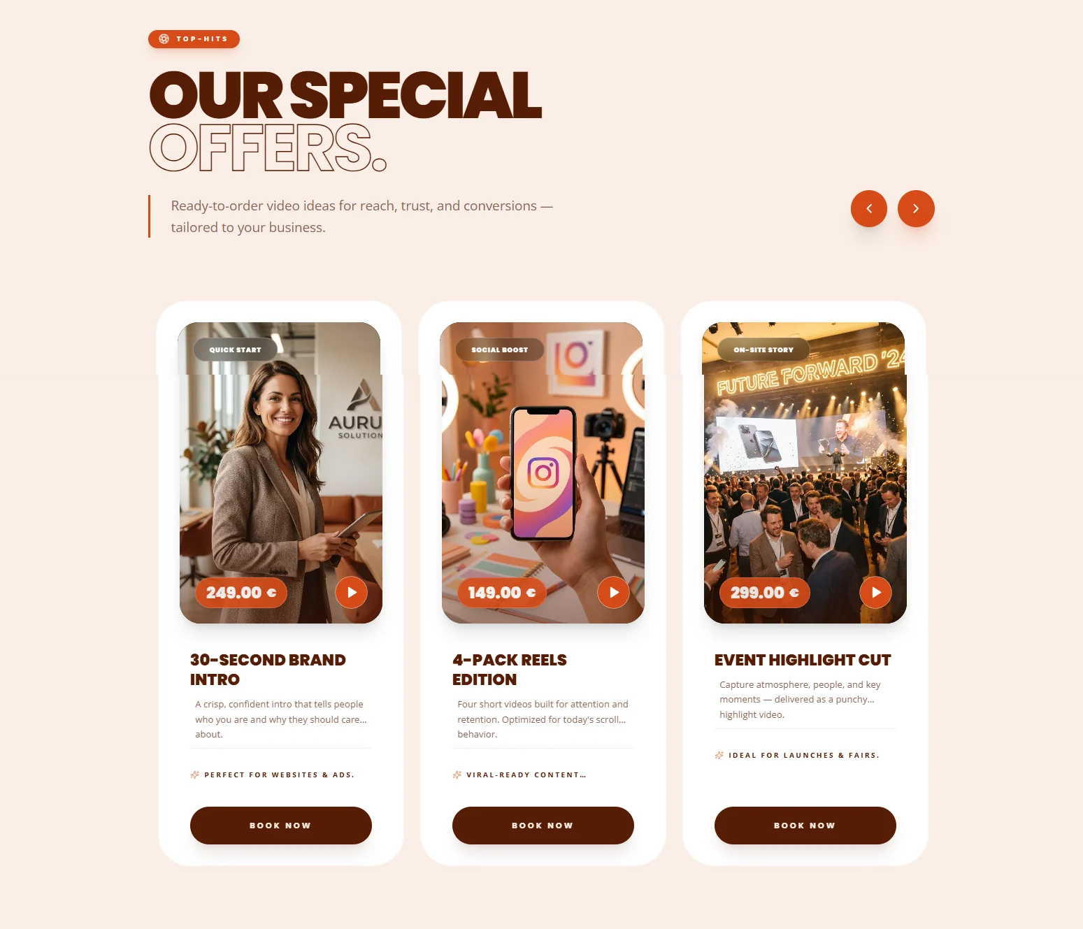 Video Helden “Our special offers” section: 30-second brand intro, 4-pack reels edition and event highlight cut, each with a fixed price and a Book now button