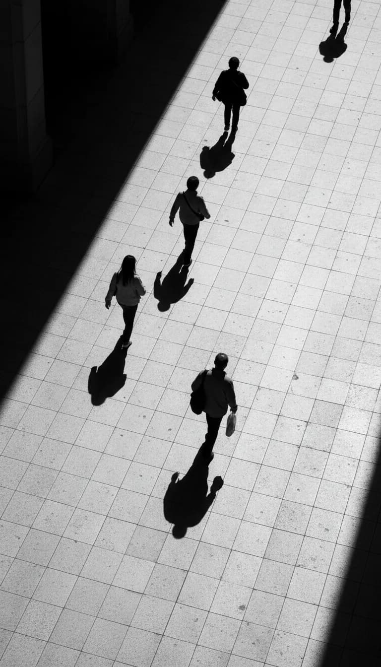 Black-and-white aerial photo of people walking in a line across a tiled square, their long shadows falling beside them