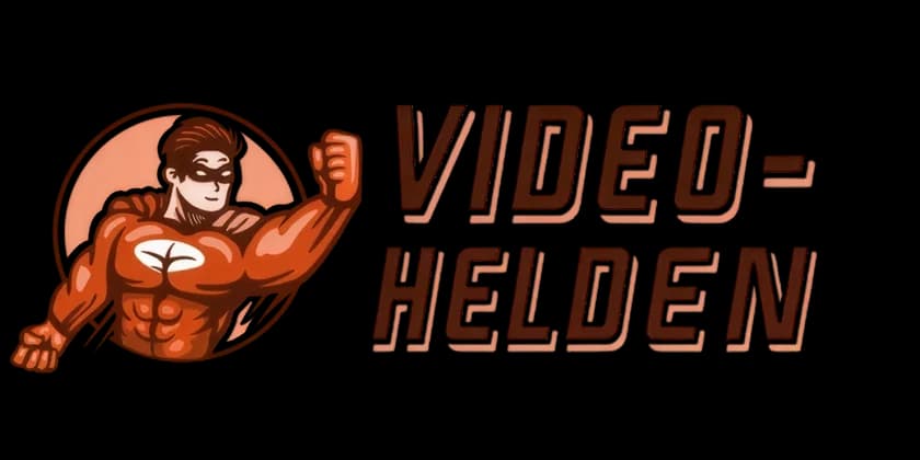 The Video Helden logo: the superhero mascot beside the italic wordmark VIDEO-HELDEN