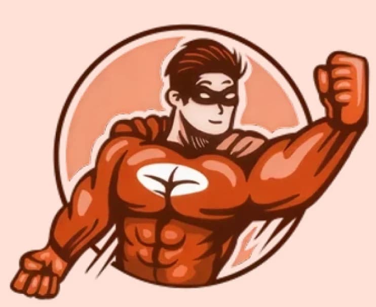 The Video Helden mascot: a masked superhero in an orange suit raising his fist