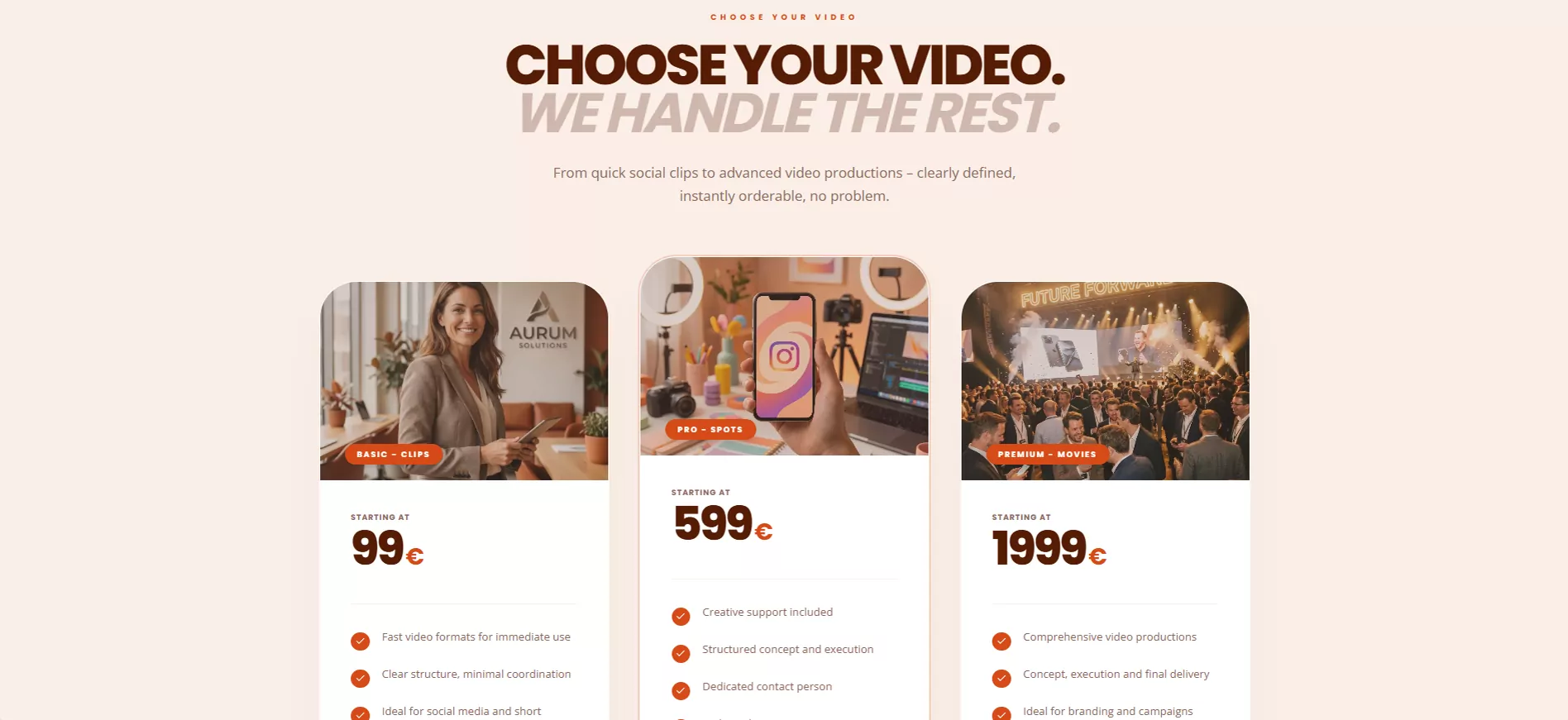 “Choose your video. We handle the rest.” with the start of three package cards