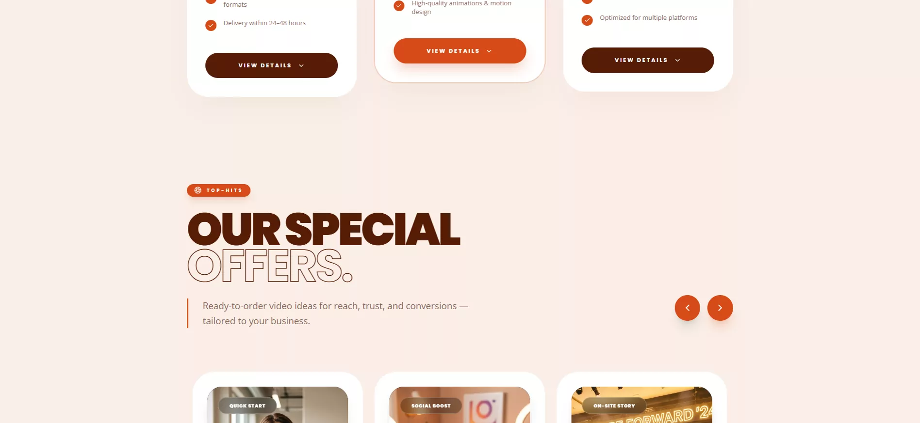Package cards for Basic Clips, Pro Spots and Premium Movies, each with a starting price, four benefits and a View details button