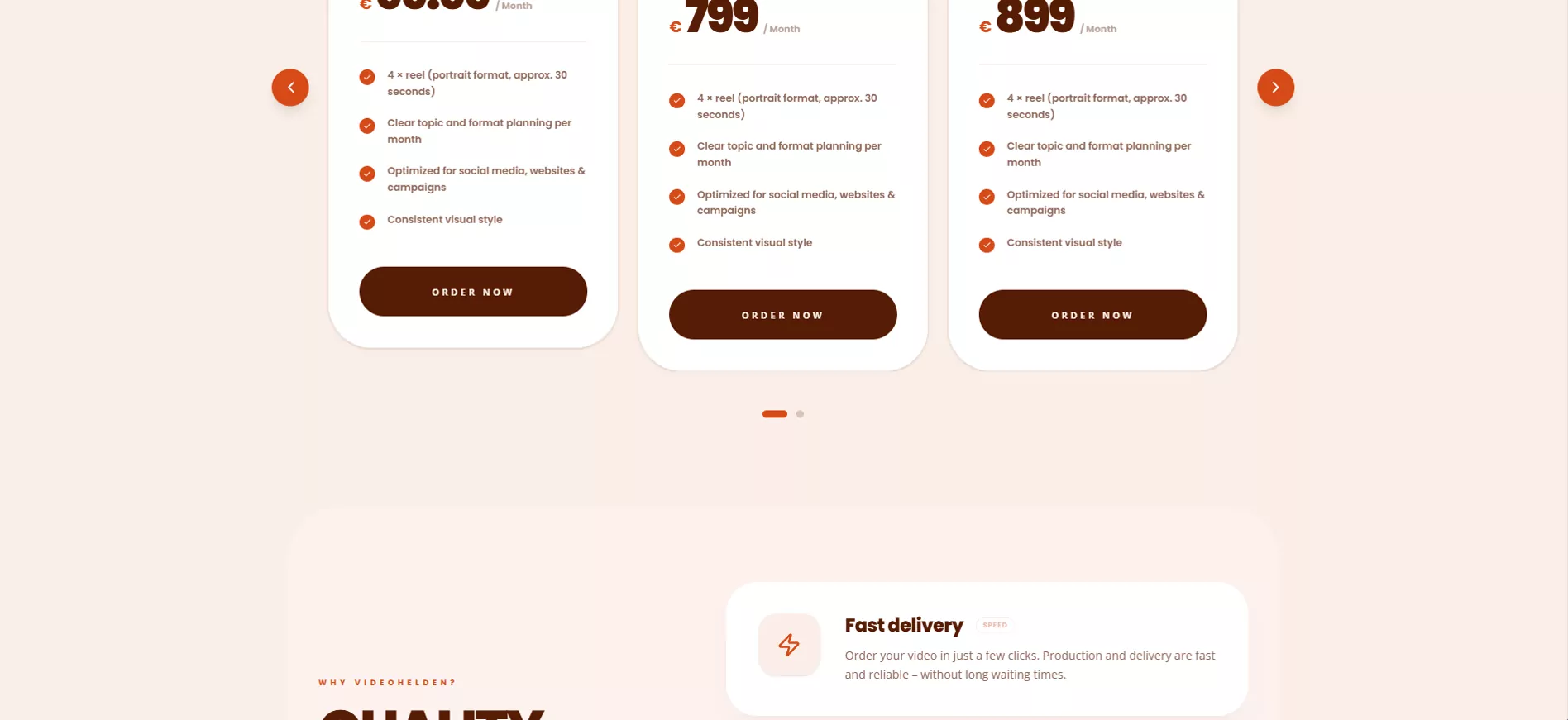 Monthly content plan cards for 3, 6 and 12 months, each with an Order now button