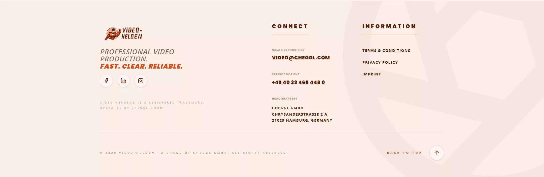 Closing banner “Ready to start your video?” with a Start your video button, above the footer